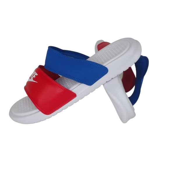 Nike Womens Benassi Duo Ultra Leather Slides Sandals Red/Blue/White Size 8 New - Picture 2 of 10